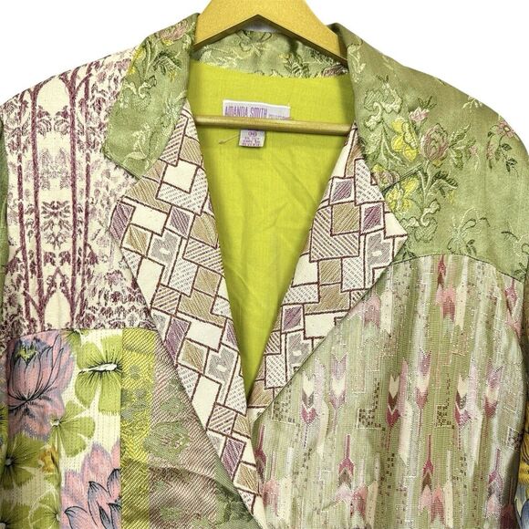 Amanda Smith Patchwork Satin Blazer Jacket Size M Green Crest Boho Lagenlook Y2K - Picture 6 of 8